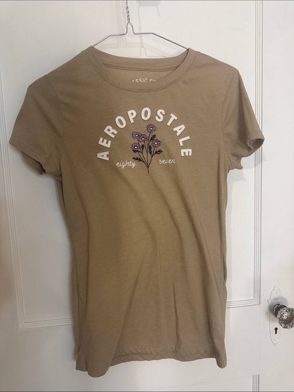 Aeropostale Tan Graphic Short Sleeve Tee with Purple Floral Accent